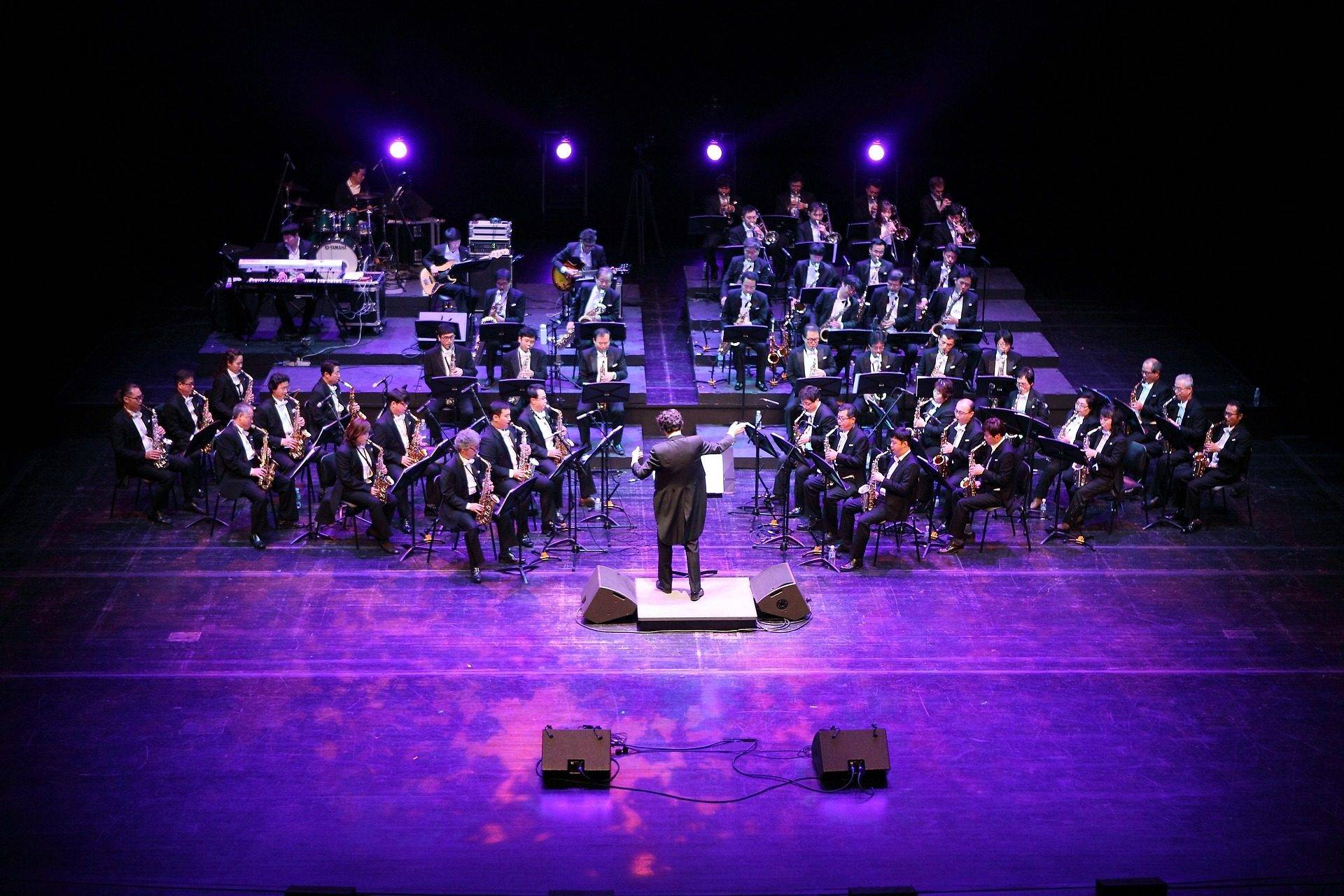 An orchestra performing on stage